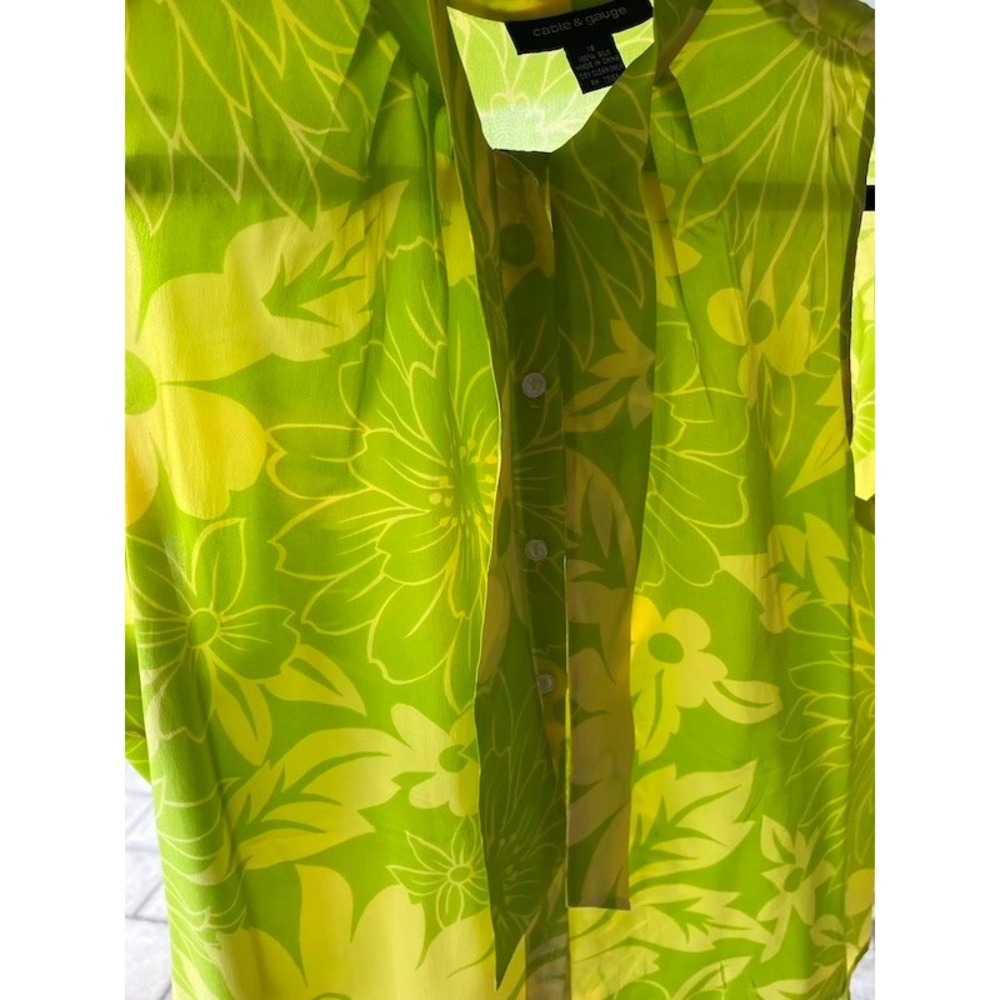 Cable & Gauge 100% Silk Floral Sleeveless Blouse Green Yellow Tie Mock Neck 18 - Picture 3 of 5